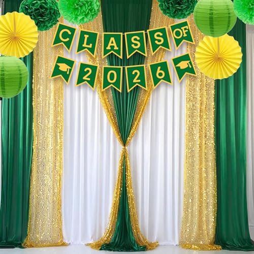 Image of Green Yellow Graduation Party Decoration Class Banner Hanging Pom Poms Flowers High School College Grad Supplies