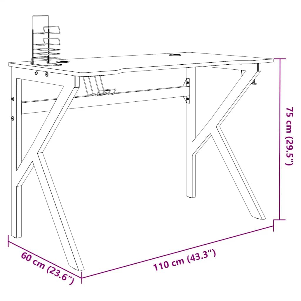 Escritorio para juegos con estructura en K negro y rojo, ergonómico, 110 x 60 x 75 cm, con estante, soporte para vasos, estable para PC, trabajo, oficina en casa, habitación infantil