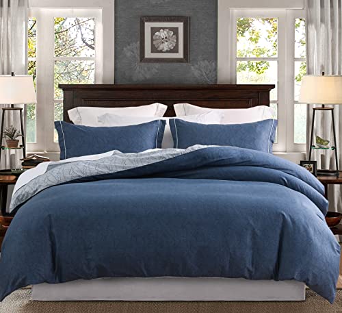 Image of SLEEPBELLA Duvet Cover Set Twin, Navy and Grey Leaves Pattern with Blue Embroidered Flange 600 Thread Count Cotton Reversible Bedding Set