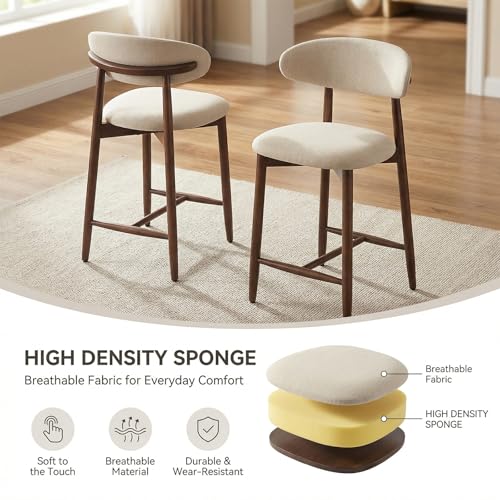 Image of MALOL Counter Height Bar Stools Set of 4, Kitchen Bar Stools with Back, Mid Century Modern Upholstered Barstools with Wood Legs for Kitchen Island Dining Room, Beige