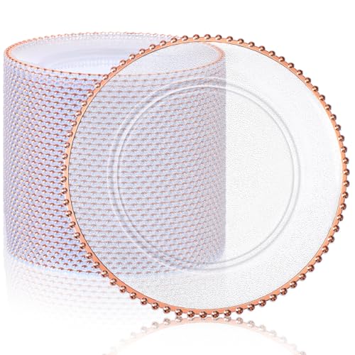 Hoolerry 50 Pack Clear Charger Plates Bulk 13 Inch Plastic Round Beaded Dinner Chargers Acrylic Frosted Grain Decorative Service Plates for Wedding Party Event, Home and Kitchen Tabletop (Rose Gold) Hoolerry 50 Pack Clear Charger Plates Bulk 13 Inch Plastic Round Beaded Dinner Chargers Acrylic Frosted Grain Decorative Service Plates for Wedding Party Event, Home and Kitchen Tabletop (Rose Gold)