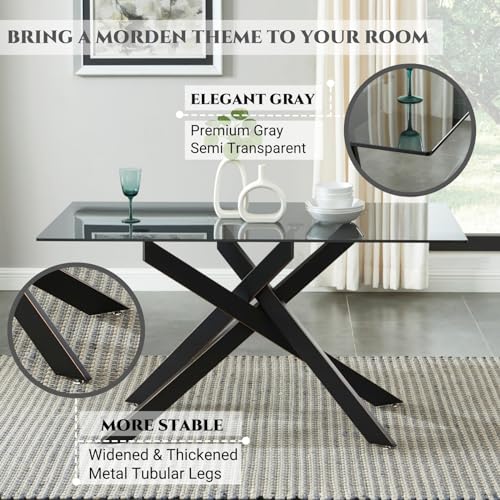 Modern Style Dining Table with Gray Tempered Glass Top and Black Metal Tubular Legs, 58.5”Lx29”Wx30”H - Image 4