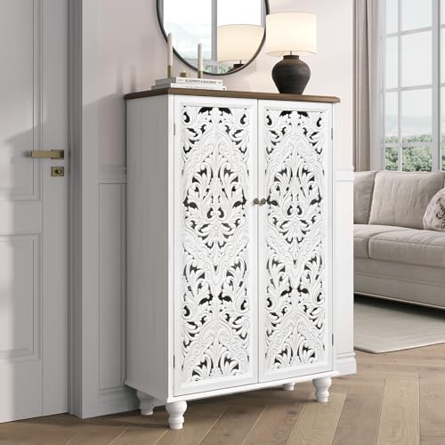 Image of Accent Cabinet with Doors, 47 inch Tall Buffet Cabinet with Solid Wood Legs, Freestanding Sideboard for Living Room, Entryway, Dining Room, Bedroom, White