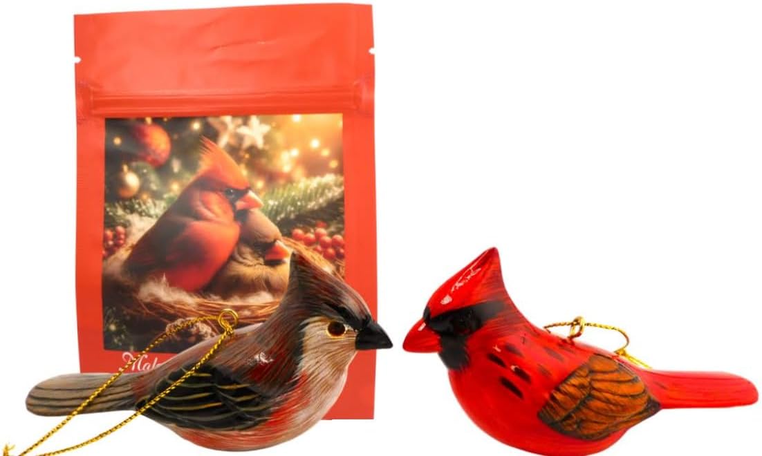 Cardinal Ornament Set with Male and Female Decoration Christmas Tree Polyresin Holiday Decor in Bag
