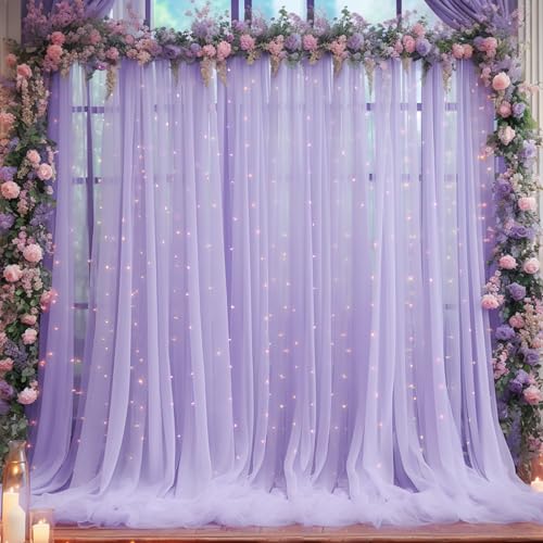 10×10ft Purple Tulle Backdrop Curtain with Lights String for Parties, Sheer Curtain Backdrop Drapes for Wedding Party Home Decorations