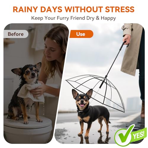 ENJOYING Regenschirm für kleine Hunde mit Leine, transparenter Regenschirm für kleine Hunde, Regenschirm für Spaziergänge, wasserabweisend, Selbstmontage