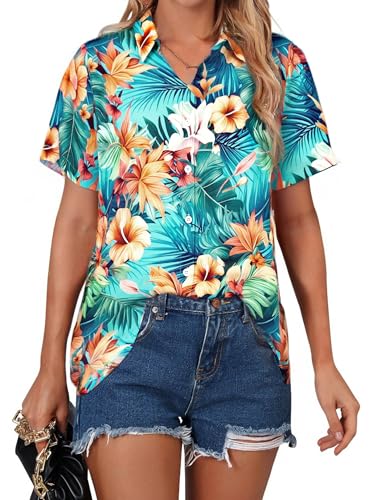 Image of ASTANFY Hawaiian Shirt Women Hawaii T-Shirt Tropical Floral Printed V Neck Shirts Soft Cool Summer Beach Button Up Blouse