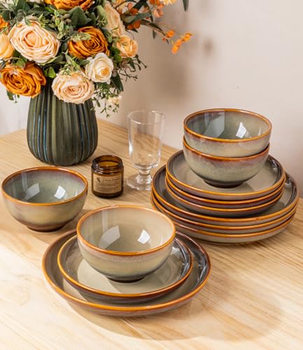 Image of TheTerra Ceramic Dinnerware Set for 4, 12-Piece Plates and Bowls Set