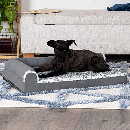 Image of Furhaven Cooling Gel Dog Bed for Medium /Small Dogs w / Removable Bolsters & Washable Cover, For Dogs Up to 35 lbs - Two-Tone Plush Faux Fur & Suede L Shaped Chaise - Stone Gray, Medium