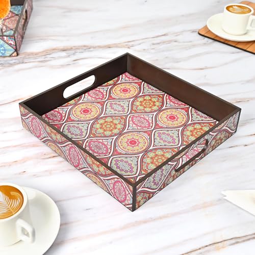 Image of GKD Wooden Serving Tray - Royal Blue Mandala Design - 11x11 Inch MDF Tea, Coffee, Breakfast Tray - Square Tray for Home Decor, Dining Table, Kitchen & Gifting