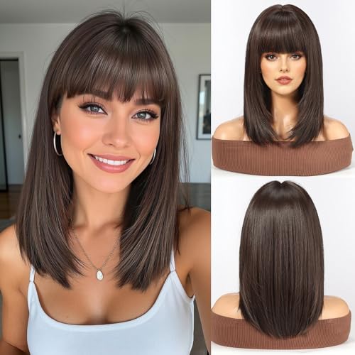 WOKESTAR Staright Wig with Fringe Synthetic Mid-length Layered Wigs for Women Dark Brown Color