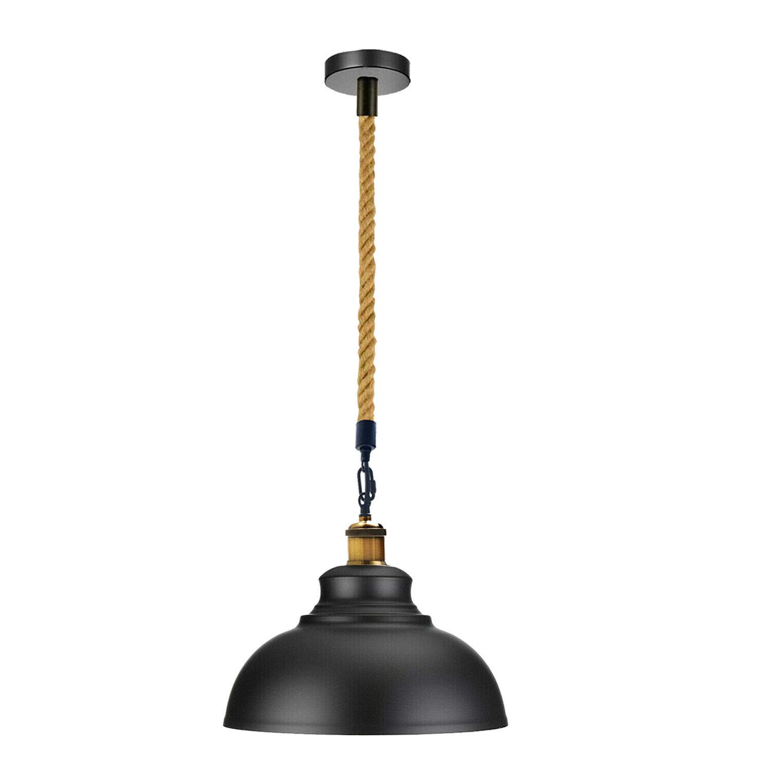 DC Voltage Modern Ceiling Pendant Lamp Shade Black Metal Dome Shade Easy Fit Light Fitting with Adjustable Hemp Rope Cover Cable E27 Bulb Base for Restaurant Kitchen Living Room Bar Cafe