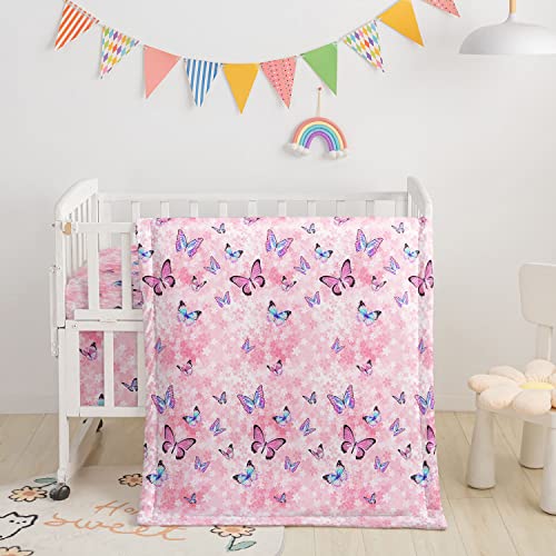 Image of Datura Home Nursery Crib Bedding Set, 3-Piece with Comforter, Crib Sheet & Crib Skirt, Watercolor Butterfly Printed for Baby Boys and Girls (Butterfly Pink)