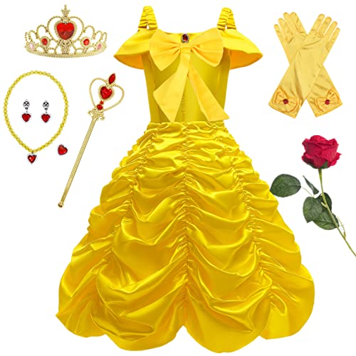 YOGLY Déguisement Robe de Princesse Belle Fille Cosplay La Belle et la Bête Longue Robe de Soirée et Accessoires pour Enfant Dress Halloween Noël Fête Anniversaire Cérémonie Communion Cadeaux 2-10 ans