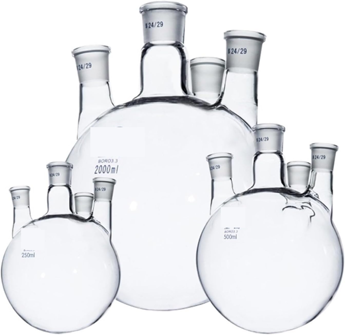 una botella hirviendo, Matraz de reacción de laboratorio de 4 bocas, recto, de fondo redondo y vidrio de borosilicato engrosado.(250ml 24x19x19x19)