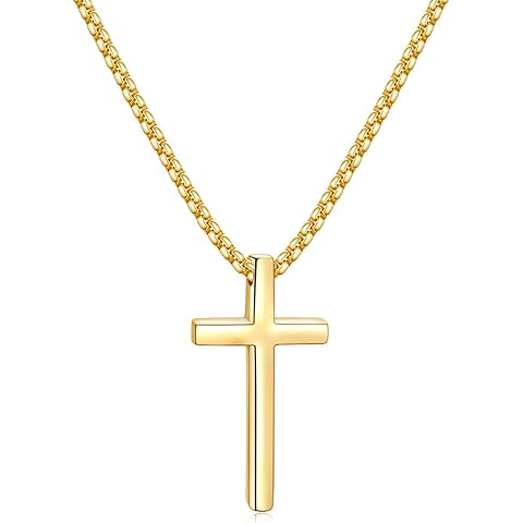 Fiusem Cross Necklace for Men, Silver/Gold/Black Mens Cross Necklaces with 2.5mm Cross Chain and Stainless Steel Cross Pendant, Box Chain 16-24 Inch