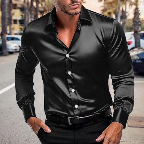 Mens Fashion Satin Button Down Shirts Party Prom Blouses Lapel Long Sleeve Lightweight Thin Dress Shirt2