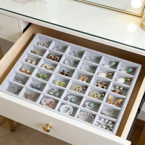 Image of Wudygirl 36 Grid Velvet Jewelry Tray Jewelry Organizer Earring Storage Ring Holder Display Drawer Inserts with Adjustable Divider (Gray)