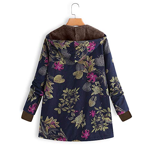 Jofow Womens Jackets Coats Fleece Lined Boho Flowers Floral Print Hooded Long Vintage Loose Warm Padded Parka Winter Plus Size (5Xl =Us:22-26,Navy) #TOP2