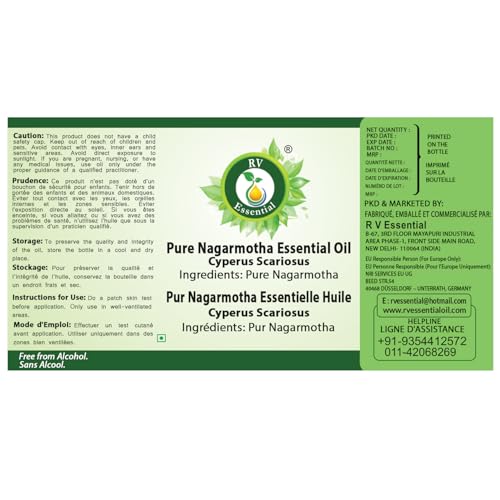 Image of R V Essential Pure Nagarmotha Essential Oil 15ml- Cyperus Scariosus (100% Pure and Natural Steam Distilled) For Skin Face Hair Body Nails Scalp Massage Aromatherapy Diffuser Soap Candle Perfume Making