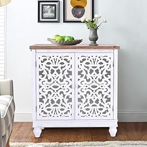 Sophia William Accent Cabinet with 2 Doors Distressed Storage Cabinet with Wood Frame and Hollow Carved Door for Entryway Living Room White