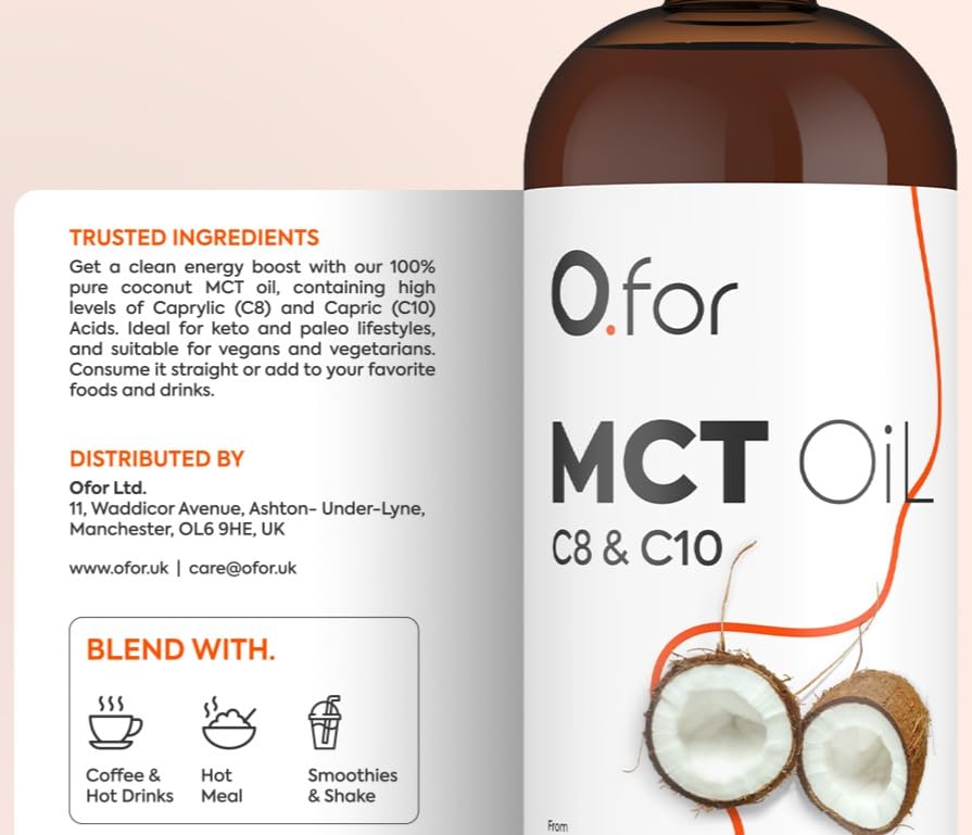 Image of Ofor C8 & C10 MCT Oil (Coconut) 500 ml - Cold-Pressed Extraction from 100% Pure Coconuts - It's keto, vegan-friendly, and gluten-free - Trusted MCT Oil for bulletproof coffee, shakes, and salads