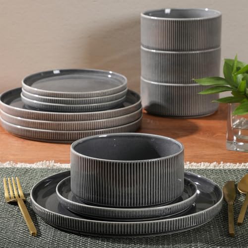 Image of Gibson Elite Solana Coast 12 Piece Stoneware Reactive Glaze (Service for 4) Ceramic Plates and Bowls Modern Shape Embossed Dinnerware Set - Black