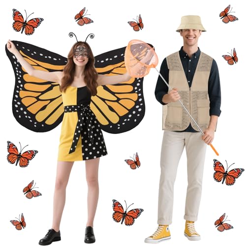 17 Pcs Couple Costume for Adult - Butterfly and Butterfly Catcher Costume - Couple Costumes for Women Men Friends Family Halloween Cosplay Dress up Party