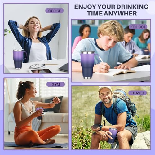 Image of 30 oz Tumbler with Handle, Stainless Steel Insulated Tumbler with Lid and Straw, Double Wall Vacuum Insulated Coffee Mug Tumbler, Insulated Coffee Thermal Cup for Cold and Hot (Purple Navy blue)
