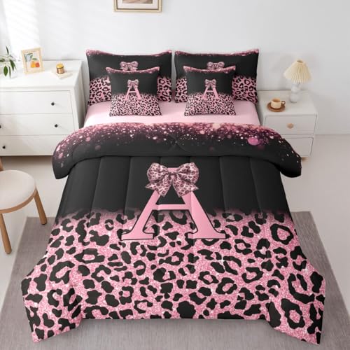 Image of Feelyou Bow Initial Letter A King Comforter Set with Sheets for Kids Boys Girls Glitter Leopard Print 7 Pieces Bedding Set Girly Bow Bed in a Bag Room Decor Soft Lightweight Microfiber