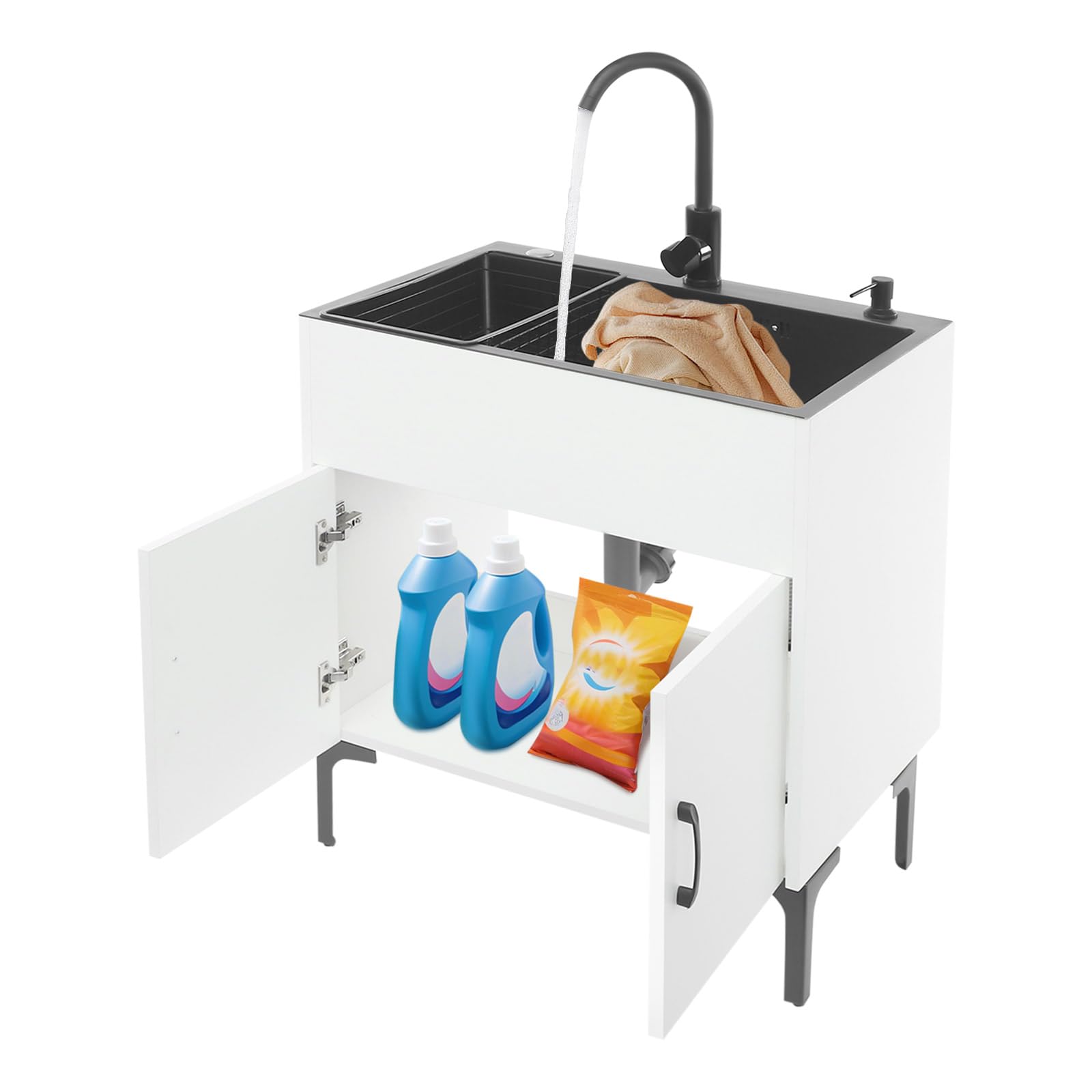 Freistehende Küchenspüle mit Unterschrank und 360° drehendem Wasserhahn, 68x45 cm Wäschespüle Freistehende Spültisch mit Seifenspender und Ablaufkorb für Küche, Garten, Werkstatt, Waschküche (Weiß)