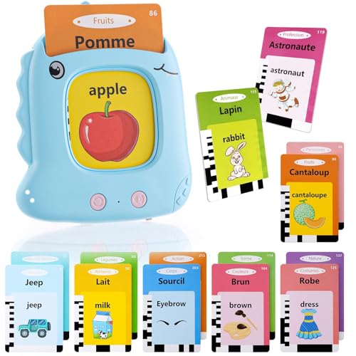 French English Talking Flash Cards for Toddler 2 3 4 5 6 Year Olds, Montessori & Preschool Educational Toys with 224 Words, Speech and Audible Therapy Toys, Birthday Gifts for Boys and Girls, Blue