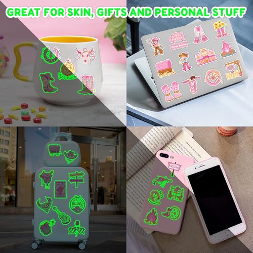 Image of 96 PCS Cowgirl Pre-Cut Luminous Glow in the dark Temporary Tattoos for Kids | Super Cute Themed Birthday Party Favors Supplies Decorations, Pink Disco Western Fake Tattoo Stickers Gifts for Boys Girls