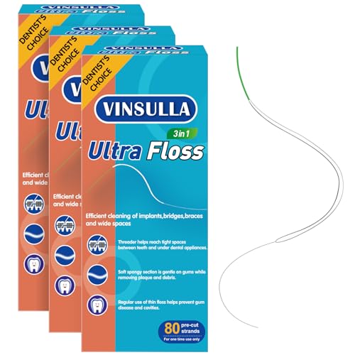 VINSULLA Dental Floss for Braces, Floss Threaders for Bridges and Implants, PTFE & PFAS Free Floss, 80 Pre-Cut Strands (Pack of 3)