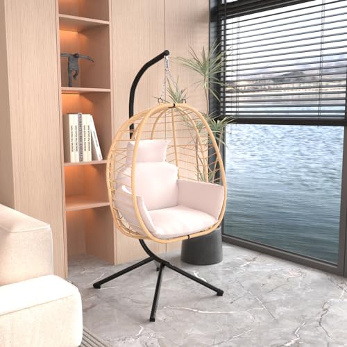 Varvind VA-012BE-1-VC Hanging Egg Chair With Stand Patio Hammock Swing Chair, Basket Wicker Rattan Adjustable Height Uv Resistant Indoor Outdoor Use 350Lbs Beige Grey thumb #3