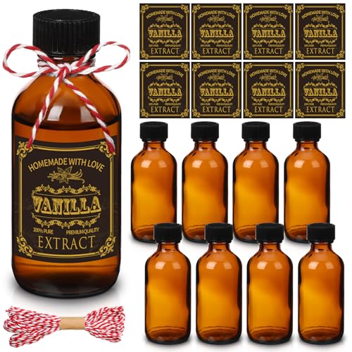 Uiifan 8 Pack Vanilla Extract Bottles with 8 Pcs Vanilla Extract Labels Stickers and Hemp Rope Amber Boston Round Bottles Empty Glass Bottles with Lids for Syrup Gift Food Storage Sauce Beans (2 oz)