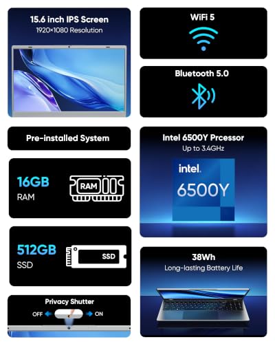 Image of 15.6 inch FHD Laptop, Pentium 6500Y, 16GB RAM 512GB SSD PC Computer | Anti-Glare Screen | Privacy Shutter Webcam | HDMI USB 3.2 WiFi 5 BT5.0 | MicroSD Storage Expansion | For Office Home Study