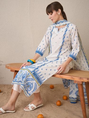Image of INDO ERA Women's Pure Cotton Straight Ethnic Motifs Printed Inches Kurta With Pant with Dupatta Set (IESTR9762)