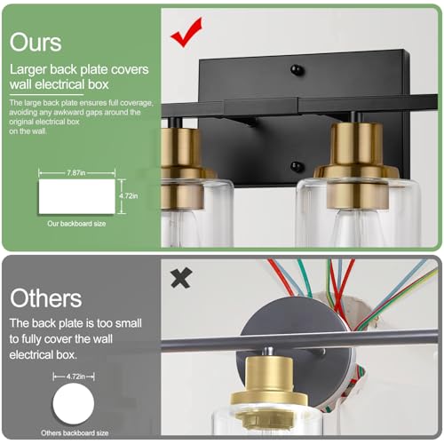 Image of Indoi 4-Light Bathroom Light Fixtures, Black and Gold Modern Vanity Lights with Clear Glass Shades, Bathroom Wall Lamp for Mirror Living Room Cabinet Bedroom Porch
