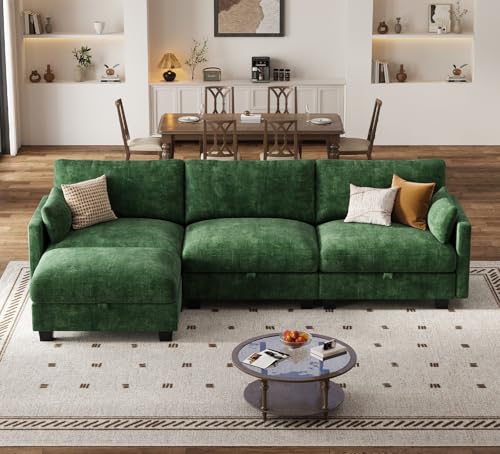 Image of Modular Sectional Sofa, 101 inch L Shaped Couch with Storage | High Resilience Foam, 22 inch Seat Depth, Movable Ottoman, Comfy Chenille, Easy Assembly, Green