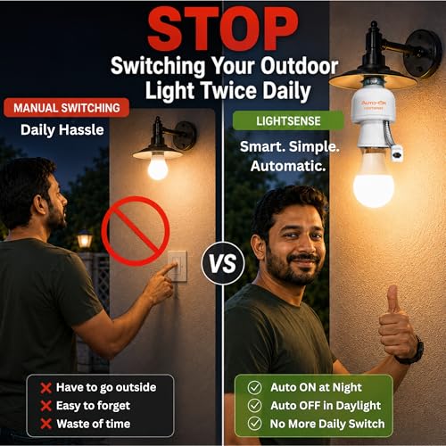 Image of Auto-ON LightSense Automatic Day /Night Sensor Holder, B22 Base, at Night & Off in Daylight, Flexible Sensor Design, for Outdoor Lights (One Year Warranty) (Made in India)