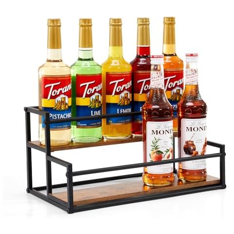 ICOHOT Coffee Syrup Organizer, 2-Tier 10 Syrup Bottles Rack for Coffee Bar, Liquor Bottle Display Shelf Holder Bar Shelf Stand Countertop Rack for Syrup, Wine, Spice Cover