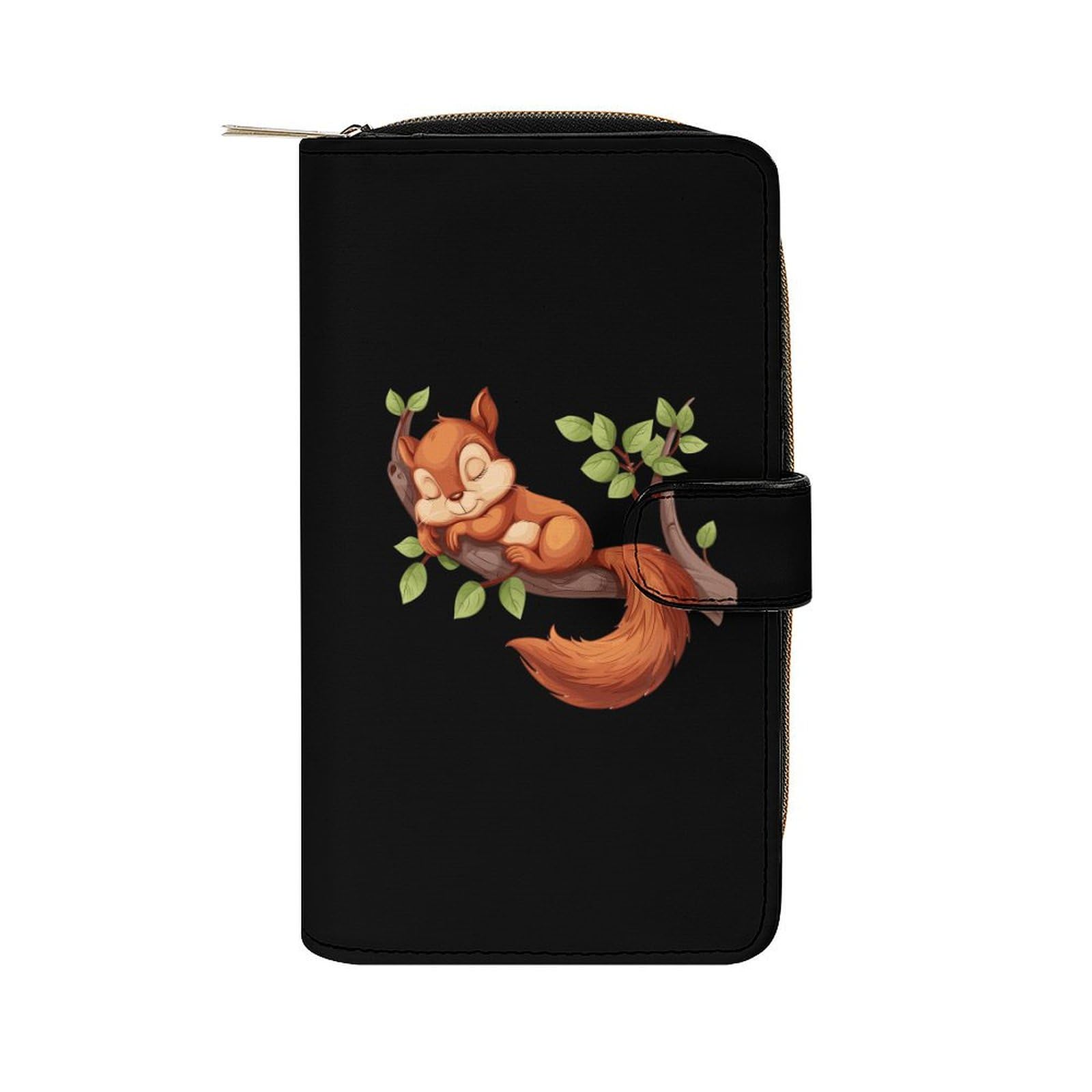 Squirrel Sleep Leather Long Pouch Wallet for Men And Women Large Capacity Clutch Cash Wallet with Zippered