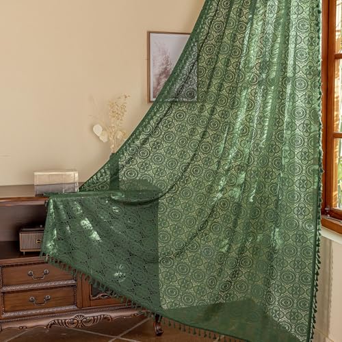 Kotile Emerald Green Lace Curtain 63 Inch Length 1 Panel Vintage Geo Floral Dark Green Boho Curtain with Tassels for Bedroom Closet, Rod Pocket Light Filtering Old Fashion Bohemian Drape, 60x63 Inch