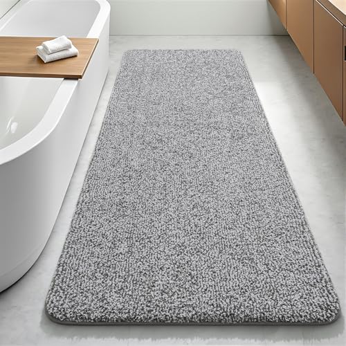 Enqinar Bathroom Runner Rug 24x60 Inch, Soft Absorbent Long Bathroom Rug for Shower Floor, Non Slip Washable Bath Rugs, Plush Thick Microfiber Large Bath Mat for Tub Double Sink Vanity, Grey White