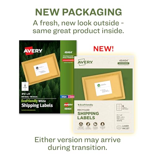 Image of Avery EcoFriendly Recycled Shipping Labels, 3-1 /3 inch x 4 inch, White, Permanent Label Adhesive, 600 Printable Labels (48464)