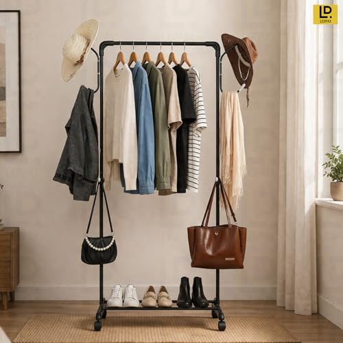 Image of LEOPAX Multipurpose Tree Coat Hanger Stand with Cloth Rail and Hooks, Durable Clothes Rack Organizer for Hanging Clothes, Bags and Accessories for Home, Living Room and Bedroom - Black