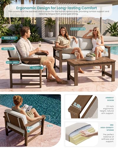 Image of SERWALL 5 Pieces HDPE Outdoor Sofa Set with Cushions, All Weather Couch Conversation Set, Loveseat Social Furniture Chairs with Coffee Table, Brown Frame /Khaki Cushion