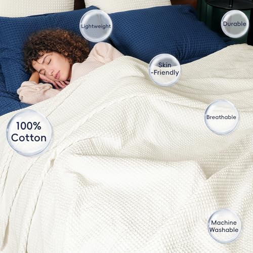 Image of PHF 100% Cotton Waffle Blanket Lightweight Breathable, Twin Size, Cream | Pre-washed Soft Cozy Summer Throw for Hot Sleepers, Textured Decorative Layer for Bed Couch Sofa Guest Room, Giftable
