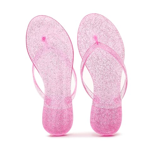Image of Womens Flip Flops Thong Sandals Jelly Shoes Flat for Ladies Slides Glitter Pink Slippers Size 7 Slip On Summer Beach Dressy